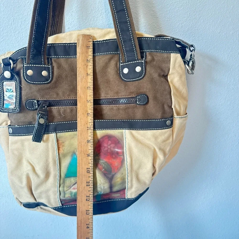 Sherpani vintage Women Tan Brown Canvas Art Panel Multi Pocket Tote Bag Large
